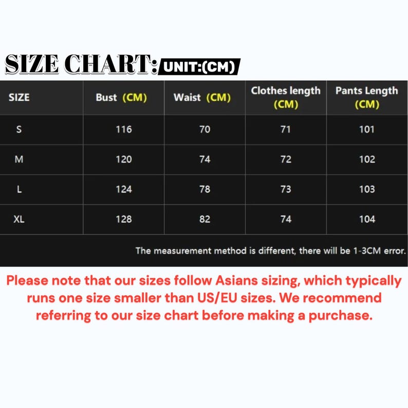 May include: Clothing size chart in centimetres, detailing bust, waist, clothes length, and pants length for sizes S, M, L, and XL. Includes a note about Asian sizing and measurement differences.