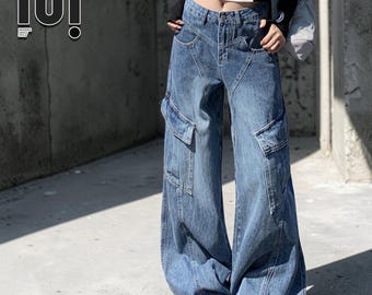 Denim Cargo Jeans | Wide Leg Pants | High Waist Trousers | Retro Y2K Streetwear