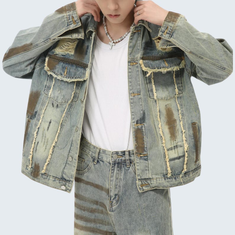 Denim Outfit Set | Ripped Jacket Baggy Pants | Daily Wear | Y2K Streetwear Style

Denim outfit set with ripped jacket and baggy pants in Y2K streetwear style.