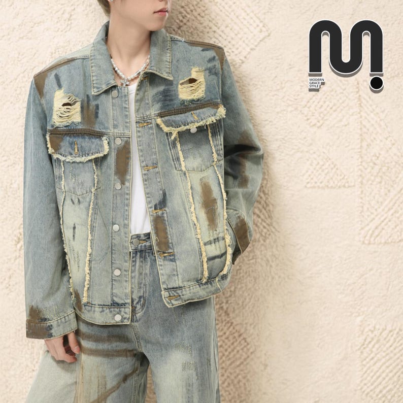 Denim Outfit Set | Ripped Jacket Baggy Pants | Daily Wear | Y2K Streetwear Style

Denim outfit set with ripped jacket and baggy pants in Y2K streetwear style.
