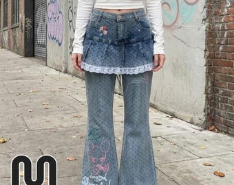 Flared Layered Denim Pants | Low Rise Slim Fit | Casual Streetwear Outfit | Y2K Retro Style