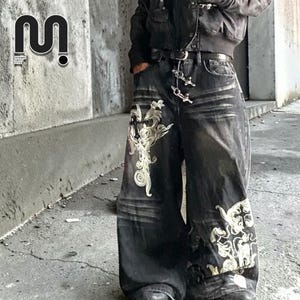 Pantalones vaqueros estampados extragrandes / Pantalones anchos de pierna holgada / Ropa informal / Estilo streetwear Y2K