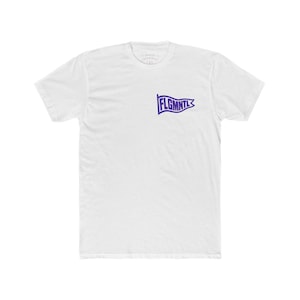 May include: White t-shirt featuring a purple flag graphic with the text "FLGMNTL". The shirt has a crew neck and short sleeves. The brand name "Forty Clothing Co." is printed at the top of the shirt.