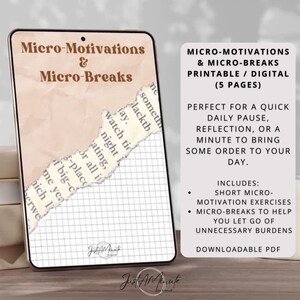 Può includere: Un tablet digitale mostra "Micro-Motivations & Micro-Breaks" con un design di carta strappata e carta a quadretti. Il testo a destra descrive il prodotto stampabile/digitale, inclusi esercizi e pause per ridurre gli oneri. Il prodotto è un PDF scaricabile.