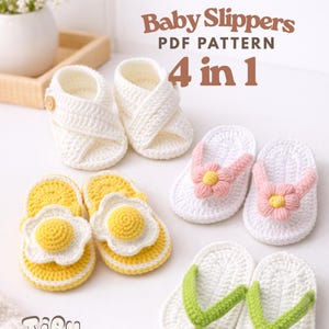Può includere: Una collezione di scarpine per neonati fatte a mano in vari stili. L'immagine mostra quattro diversi modelli di scarpine all'uncinetto: sandali bianchi incrociati, scarpine a forma di fiore giallo e bianco, sandali bianchi con dettagli floreali rosa e infradito bianche con cinturini verdi. Il testo recita "Baby Slippers PDF Pattern 4 in 1".