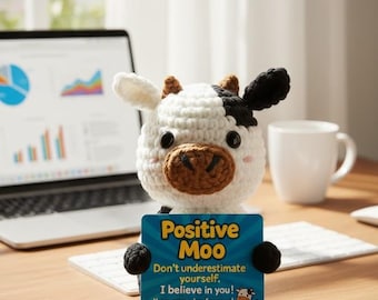 Crochet Cow Desk Buddy: Emotional Support Coworker Gift Crochet Cow, positive cow gift, motivational stuffed animal, cute crochet decor