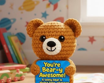 Handmade Crochet Bear with Positive Message Card, Cheer Up Gift