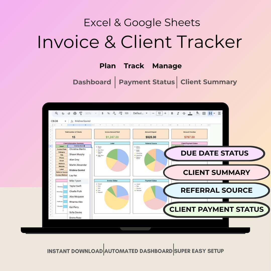 Invoice Tracker, Automated Client Manager Excel Google Sheets Template ...