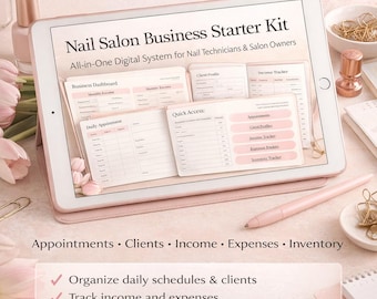 Puede incluir: Una tableta rosa muestra un "Kit de inicio para negocios de salón de uñas" con formularios digitales para citas, ingresos e inventario. La imagen incluye un bolígrafo rosa, esmalte de uñas y elementos decorativos.