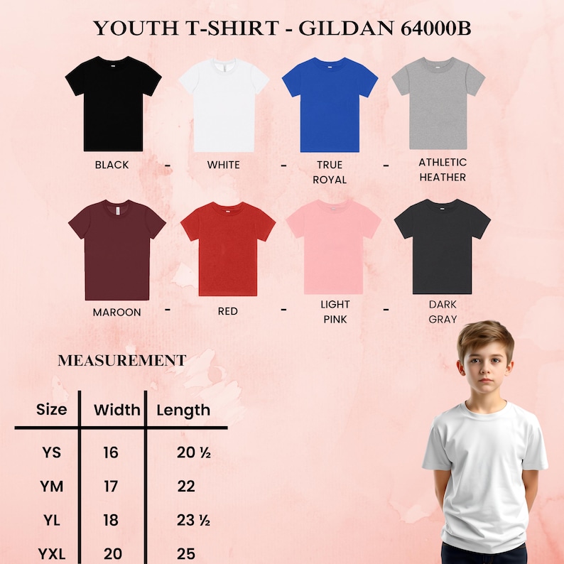 May include: A product image showcasing a variety of youth t-shirts in different colors, including black, white, royal blue, and gray. The image also displays a measurement chart with sizes ranging from YS to YXL, with widths from 16 to 20 inches and lengths from 20 1/2 to 25 inches. The text "YOUTH T-SHIRT - GILDAN 64000B" is at the top.