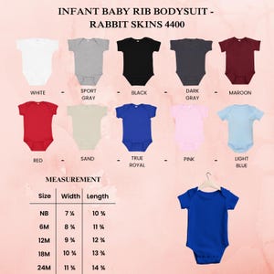 May include: A display of infant baby rib bodysuits in various colors, including white, gray, black, red, and blue. The image includes a size chart with measurements in inches for different sizes, from newborn to 24 months. The text reads "INFANT BABY RIB BODYSUIT - RABBIT SKINS 4400".