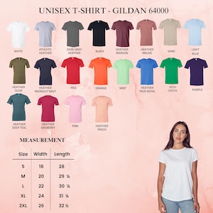 May include: A selection of Gildan 64000 unisex t-shirts in various colors, including white, black, and heather shades. The image also displays a size chart with measurements in inches for width and length, ranging from size small to 2XL.