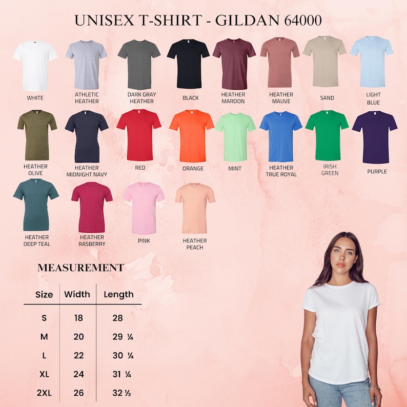 May include: A selection of Gildan 64000 unisex t-shirts in various colors, including white, black, and heather shades. The image also displays a size chart with measurements in inches for width and length, ranging from size small to 2XL.