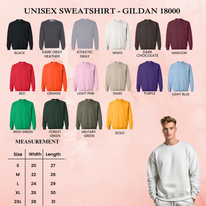 May include: A display of Gildan 18000 unisex sweatshirts in various colors, including black, dark gray, and red. The image also shows a size chart with measurements in inches for width and length, ranging from size S to 2XL.