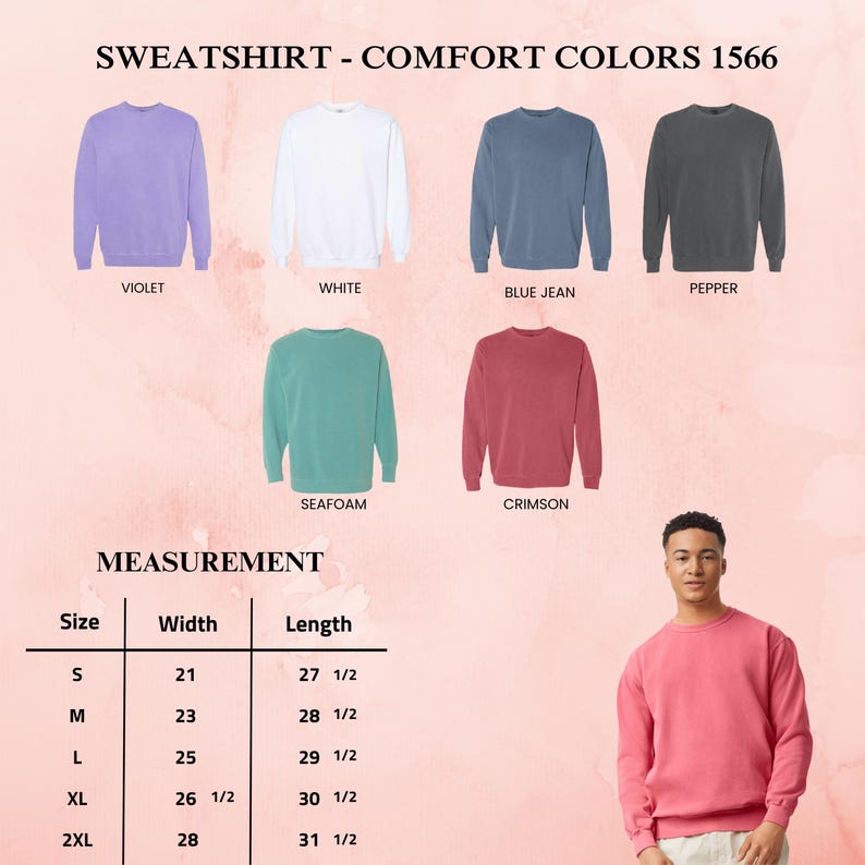 May include: A selection of crewneck sweatshirts in various colors, including violet, white, blue jean, pepper, seafoam, and crimson. The image also displays a measurement chart with sizes ranging from S to 2XL, with width and length measurements in inches.