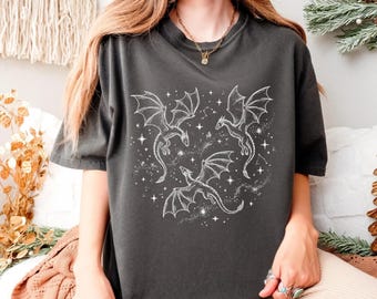 Chemise dragons volants couleurs confort, t-shirt fantaisie dragon, cadeau dragon, cadeau amateur de dragon pour liseuse, t-shirt livresque surdimensionné