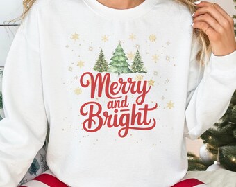 Merry&Bright Christmas Tree Sweatshirt, Women's Festive Holiday Sweater, Cute Family Xmas Gift, Christmas Tree T-Shirt,Christmas Tree Hoodie
