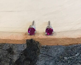 Ruby faceted Stud earrings, tiny ruby studs, white Gold and Red gemstone studs, Baby earrings