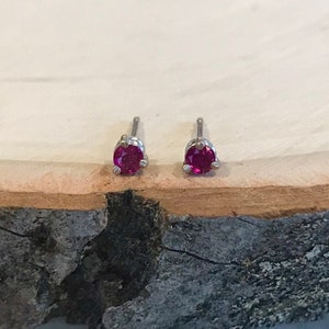 May include: A pair of silver stud earrings with small, round, bright pink gemstones.