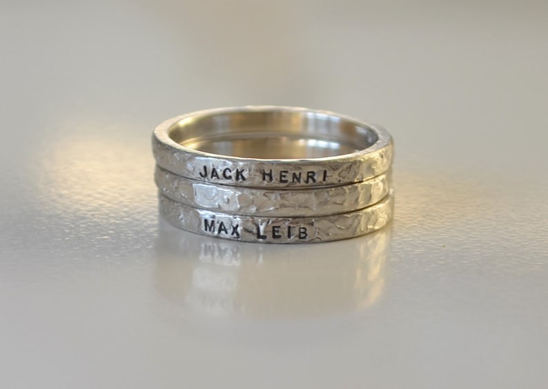 14k Gold Personalized Hand Stamped Name Rings With Date Baby Etsy