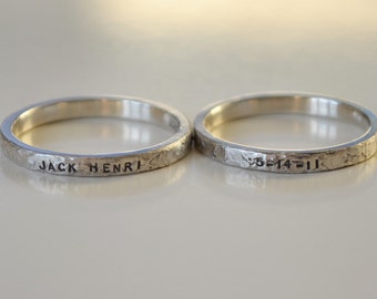 Sterling Silver Personalized hand stamped name rings with date, Baby name rings with birth date, Stackable name rings, remembrance ring