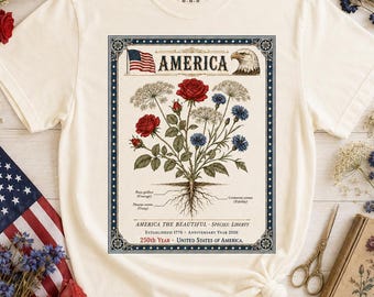 America 250 Comfort Colors Shirt, Patriotic Botanical Tee, 1776 2026 Floral America Shirt, Retro USA 4th of July, Floral Gift for Her Shirt