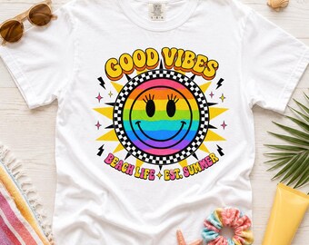 Good Vibes Comfort Colors Shirt, Retro Summer Tee, Smiley Face Beach Shirt, Rainbow Vacation Graphic Shirt