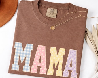 Cottagecore Comfort Colors Mama Shirt, Patchwork Quilted Floral Mom Print Tee