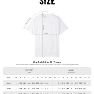May include: White t-shirt with size chart. The word "SIZE" is at the top. The chart includes measurements for width, length, and sleeve length in centimeters. Sizes range from XS to 5XL. The brand is Comfort Colors 1717.