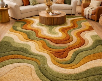 Abstract Wave, Modern Green & Mustard Hand Tufted Wool Area Rug.