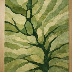 Tapete de lã tufado à mão com estampa de copa de floresta, decoração em tons de sálvia e verde.