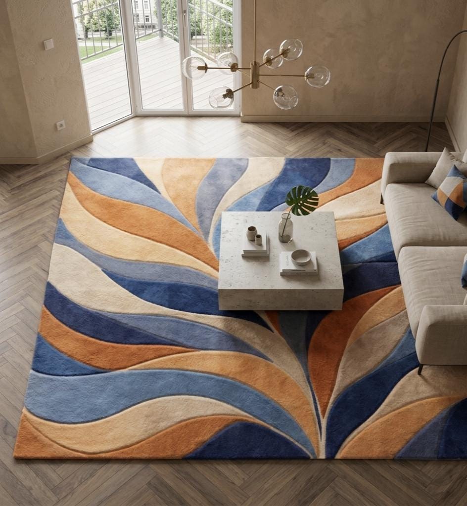 Hand Tufted Wool Abstract Area Rug – Modern Blue & Orange Wave Design ...