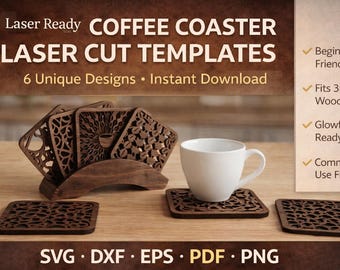 Laser Cut Coffee Coaster SVG Bundle with Holder | 6 Unique Designs (Digital Download)