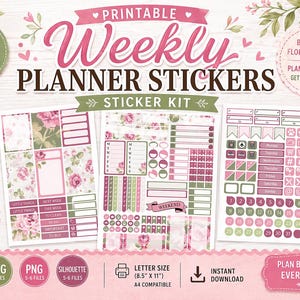 Kit de pegatinas semanales Floral Happy Planner, casillas imprimibles (3,8 x 6,3 cm) (descarga digital)