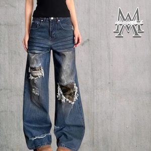 Slitna denimjeans | Tvättade lösa baggybyxor | Vardagskläder | Y2K Streetwear-stil