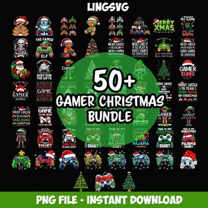 May include: A collection of over 50 Gamer Christmas Bundle designs. The designs include Santa Claus, elves, game controllers, and text such as "Merry Xmas" and "I paused my game". The image is a PNG file for instant download.