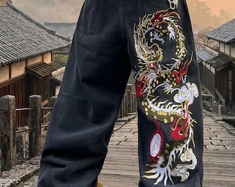 Japanese Dragon Embroidered Baggy Jeans – Y2K Oversized Black Denim – Harajuku Streetwear Wide Leg Pants – Cyber Grunge Aesthetic