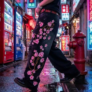 Peut inclure: Jean noir avec broderie de fleurs de cerisier roses sur la jambe gauche. Le jean est porté avec une ceinture rouge cloutée et des bottes noires. En arrière-plan, une scène de rue éclairée au néon.