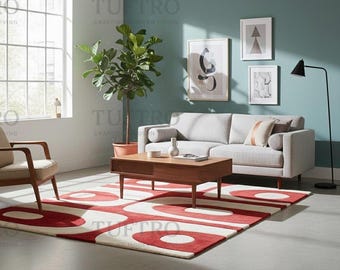 Alfombra retro TUFTRO roja y crema con mechones hechos a mano / Alfombra moderna de mediados de siglo / Alfombra abstracta / Decoración para el hogar con mechones suaves de primera calidad / Tamaños personalizados