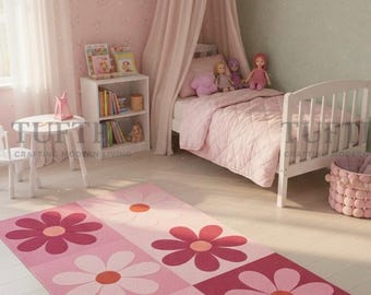 Rutig matta med rosa prästkragar | Söt blommig tuftad matta för flickrum | Pastellfärgad estetisk blommig matta | Barnrumsinredning | TUFTRO