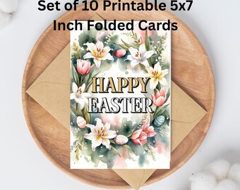 Afdrukbare Happy Easter gevouwen kaarten set van 10 | 5 x 7 inch | Aquarelontwerpen