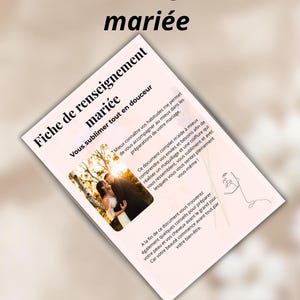 May include: A document titled "Fiche renseignement mariée" with text in French. The document includes a photo of a couple and text about wedding preparations. The document is on a light pink background.