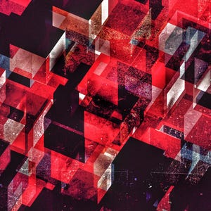 Könnte beinhalten: Abstrakte digitale Kunst mit einer komplexen Anordnung roter, weißer und schwarzer geometrischer Formen. Das Design hat ein strukturiertes, abgenutztes Aussehen, mit einem dunklen Hintergrund und Farbakzenten.