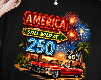 Retro America Turns 250 Sweatshirt, Vintage 1776 2026 Patriotic Road Trip Graphic Hoodie, Classic Car Fireworks Americana Summer Gift Idea