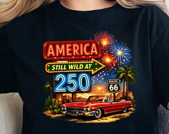 Retro America Turns 250 Shirt, Vintage 1776 2026 Patriotic Road Trip Graphic Tee, Classic Car Fireworks Americana Summer T-Shirt Gift Idea
