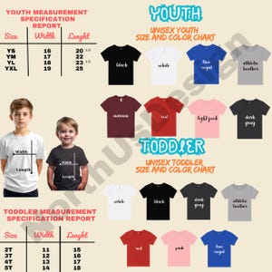 May include: A chart displaying youth and toddler unisex t-shirts in various colors, including black, white, and red. The image includes size and measurement specifications for each shirt, with width and length in inches.