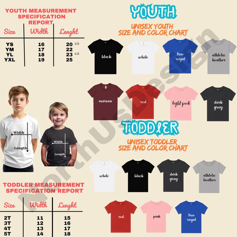 May include: A chart displaying youth and toddler unisex t-shirts in various colors, including black, white, and red. The image includes size and measurement specifications for each shirt, with width and length in inches.