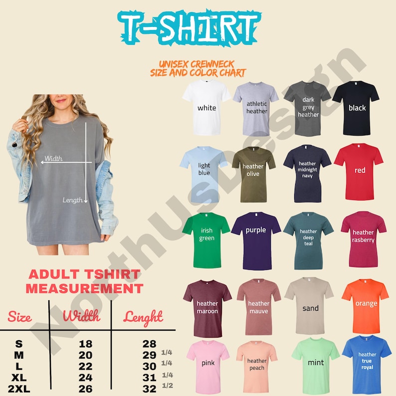 May include: A chart displaying various t-shirt colors and sizes. The image includes a size and color chart with measurements in inches. Colors include white, black, red, and more. The text reads "T-SHIRT" and "UNISEX CREWNECK SIZE AND COLOR CHART."