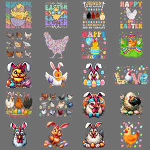 May include: A selection of bright Easter designs with chickens, rabbits, and eggs. The designs include text such as "Happy Easter", "Jesus is my savior", and "Groovy Chick". The images are colourful and playful, ideal for Easter.