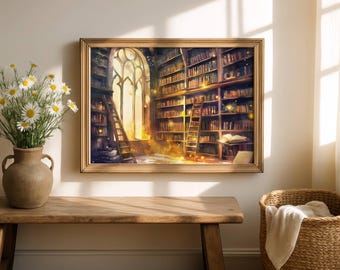 Enchanted Library Watercolor Art Print | Magical Reading Nook, Cozy Fantasy Decor (Digital Download)